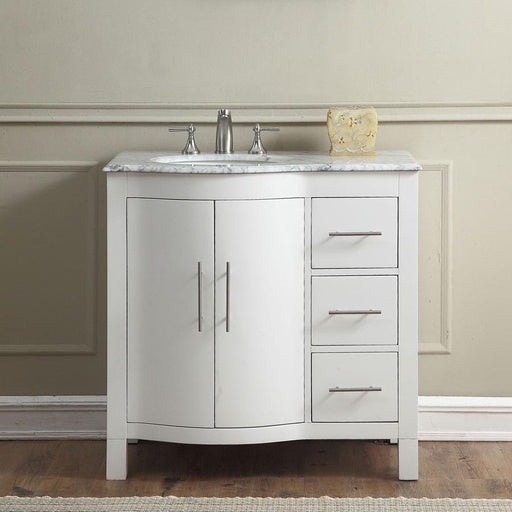 Silkroad Exclusive V0290WW36L 36" White single sink vanity, front view in a bathroom, sink on the left