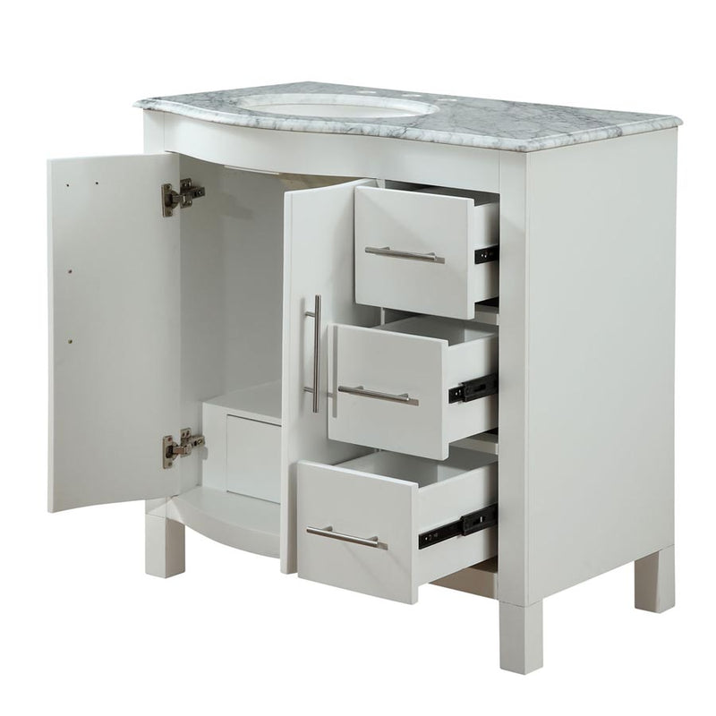 Silkroad Exclusive V0290WW36L 36" White single sink vanity, with doors and drawers open showing storage