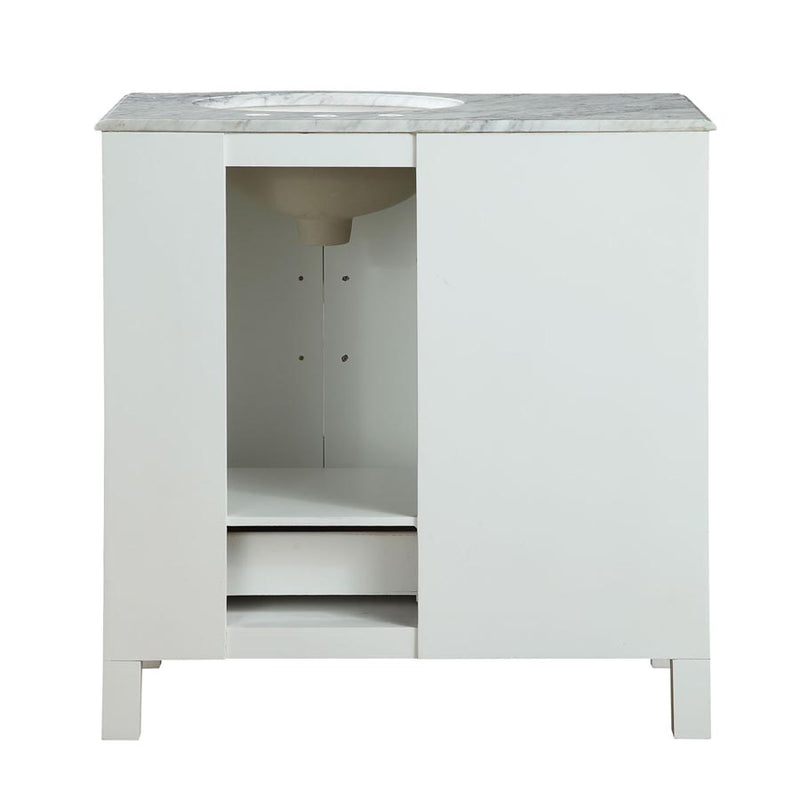 Silkroad Exclusive V0290WW36R 36" White single sink vanity, back view showing the open plumbing cut-out