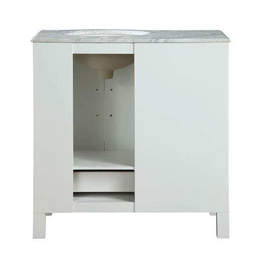 Silkroad Exclusive V0290WW36R 36" White single sink vanity, back view showing the open plumbing cut-out