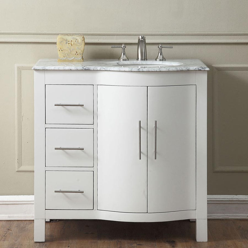 Silkroad Exclusive V0290WW36R 36" White single sink vanity, front view in a bathroom