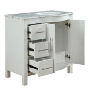 Silkroad Exclusive V0290WW36R 36" White single sink vanity, with doors and drawers open showing storage