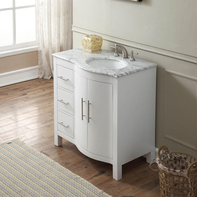 Silkroad Exclusive V0290WW36R 36" White single sink vanity, three-quarter view in a bathroom