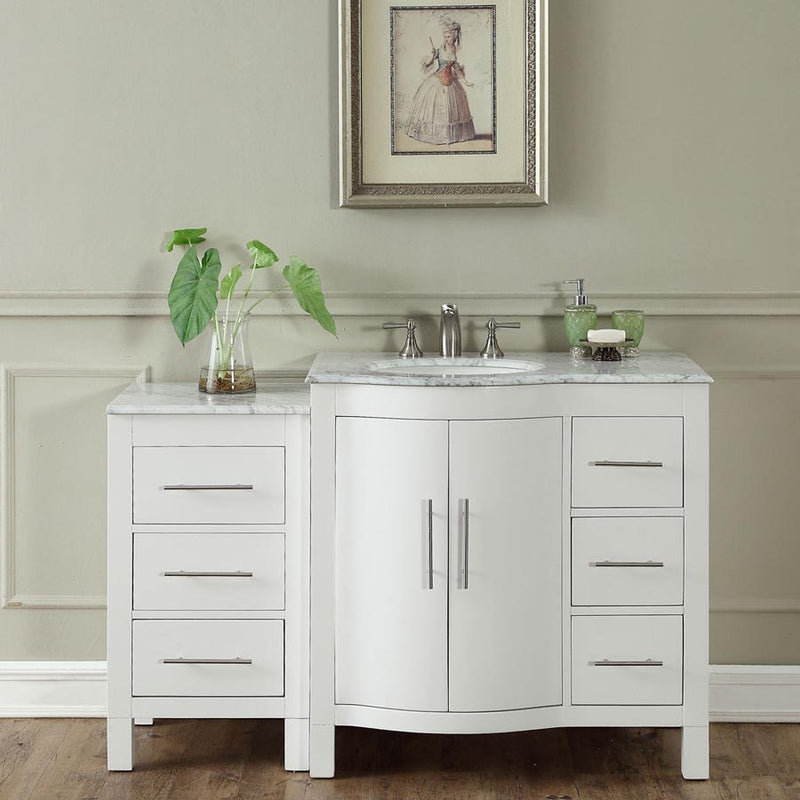 Silkroad Exclusive V0290WW54L 53.5" White single sink vanity, front view in a bathroom