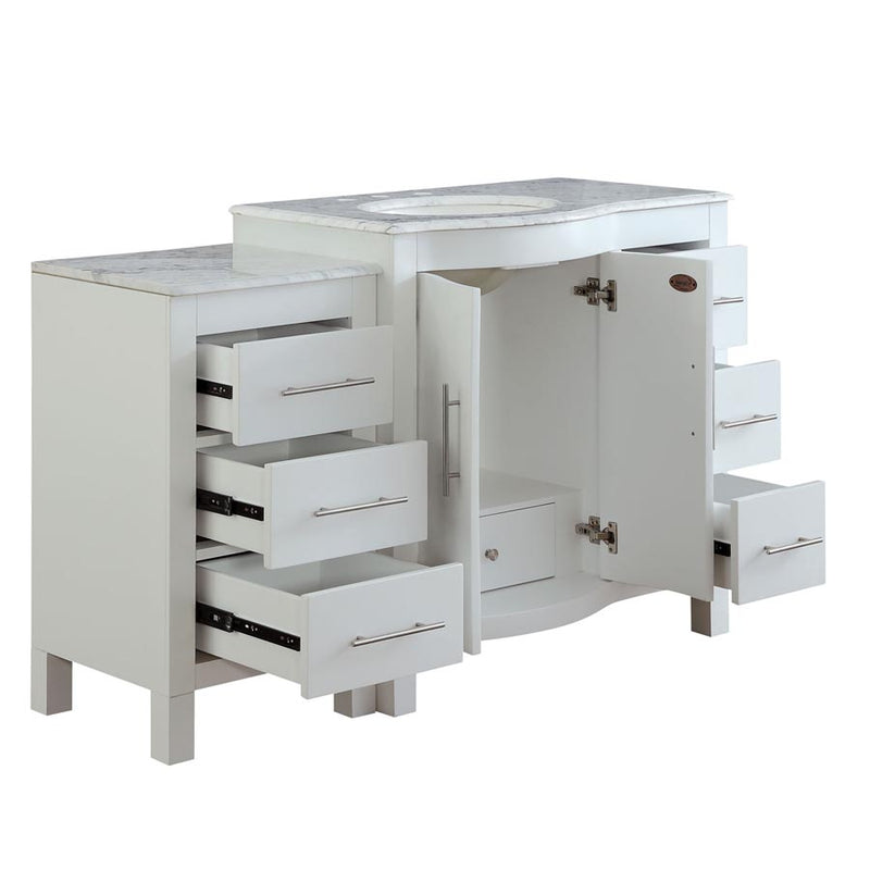 Silkroad Exclusive V0290WW54L 53.5" White single sink vanity, with doors and drawers open showing storage