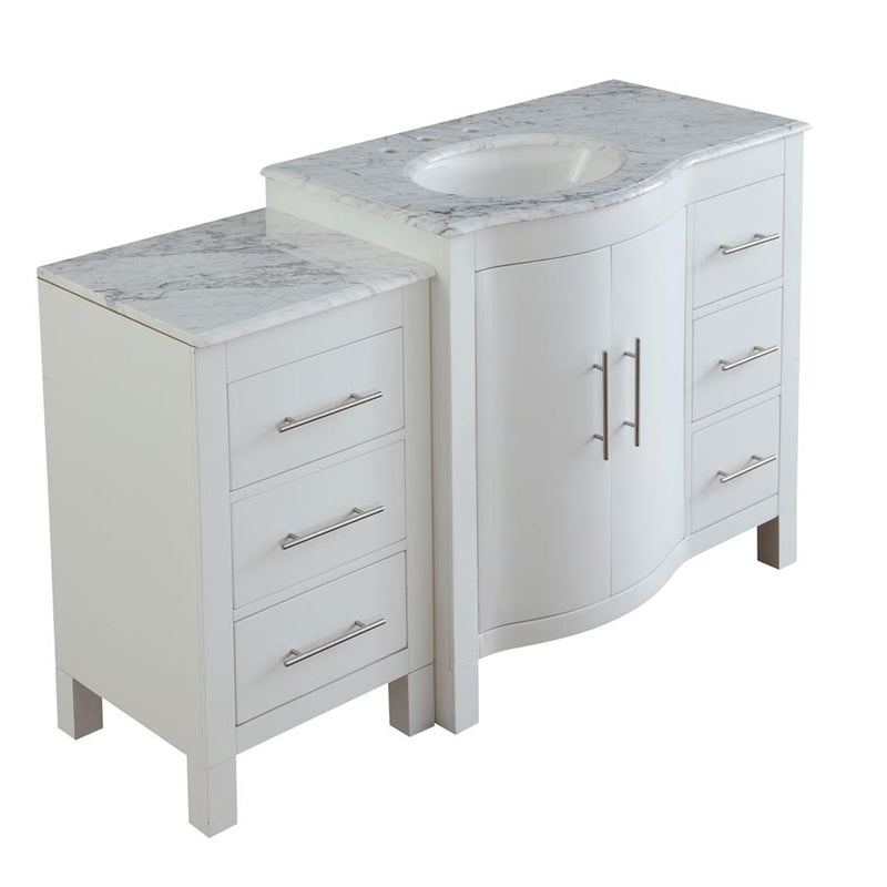 Silkroad Exclusive V0290WW54L 53.5" White single sink vanity, three-quarter view, on white, drawer bank on the left
