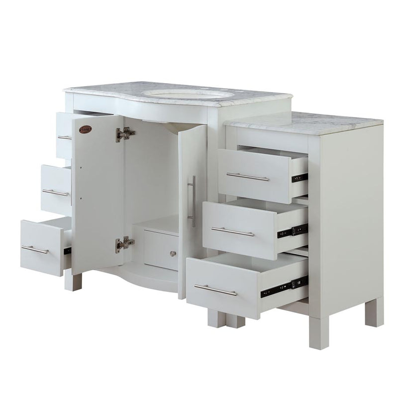 Silkroad Exclusive V0290WW54R 53.5" White single sink vanity, with doors and drawers open showing storage