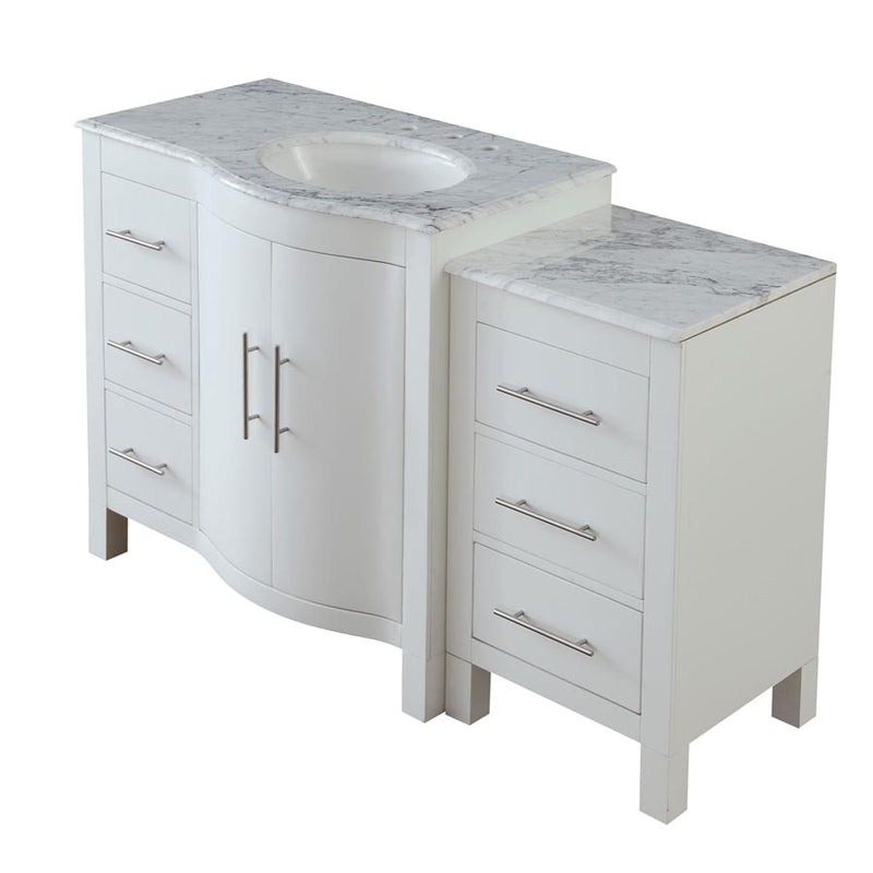 Silkroad Exclusive V0290WW54R 53.5" White single sink vanity, three-quarter view, on white, drawer bank on the right