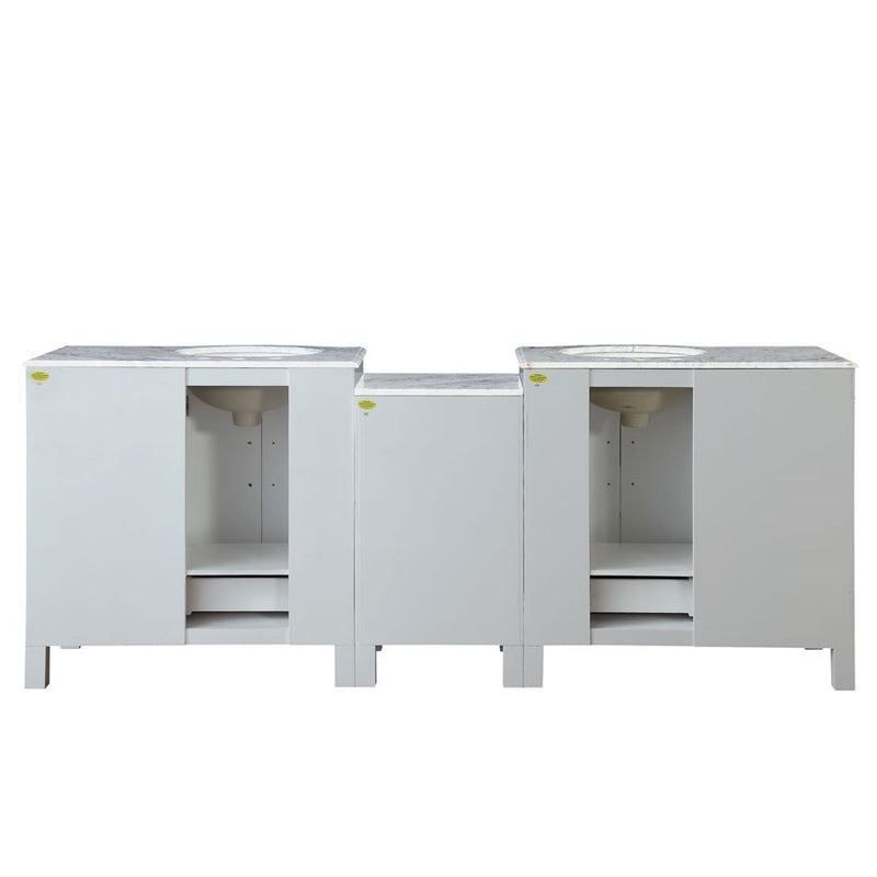 Silkroad Exclusive V0290WW89D 89" White double sink vanity, back view showing the open plumbing cut-out