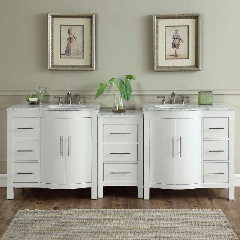 Silkroad Exclusive V0290WW89D 89" White double sink vanity, front view in a bathroom