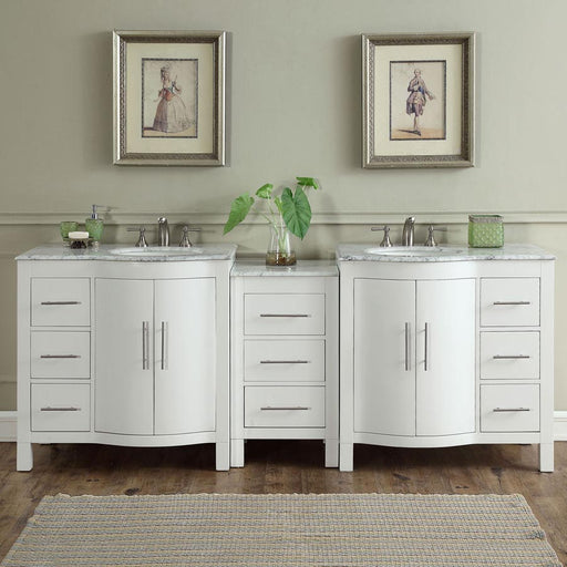 Silkroad Exclusive V0290WW89D 89" White double sink vanity, front view in a bathroom
