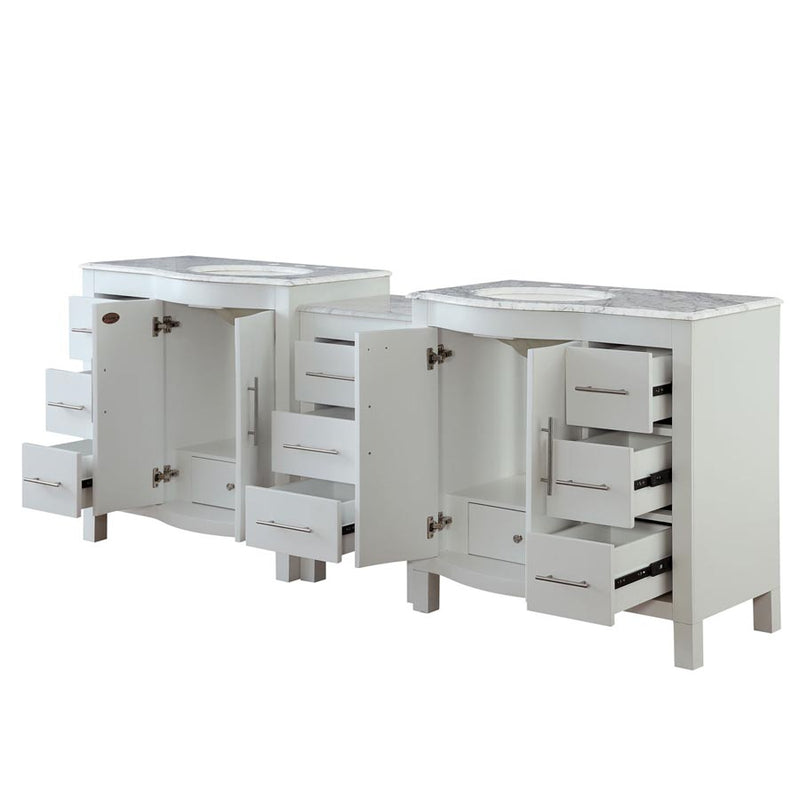 Silkroad Exclusive V0290WW89D 89" White double sink vanity, with doors and drawers open showing storage