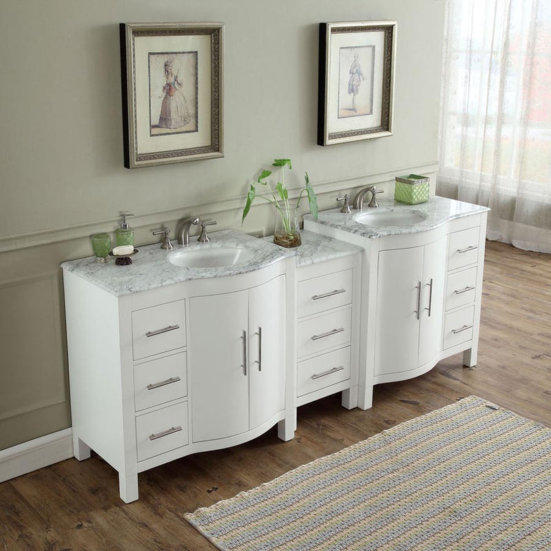 Silkroad Exclusive V0290WW89D 89" White double sink vanity, three-quarter view in a bathroom