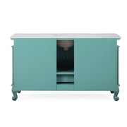 Silkroad Exclusive V0299NW60C 60" Vintage Green single sink vanity, Carrara top, back view showing the plumbing opening