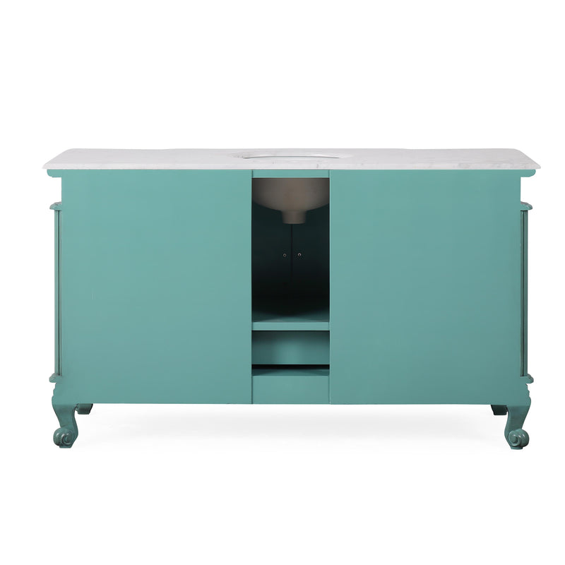 Silkroad Exclusive V0299NW60C 60" Vintage Green single sink vanity, Carrara top, back view showing the plumbing opening