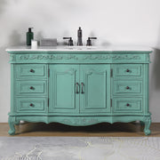 Silkroad Exclusive V0299NW60C 60" Vintage Green single sink vanity, Carrara top, installed in a bathroom, front view