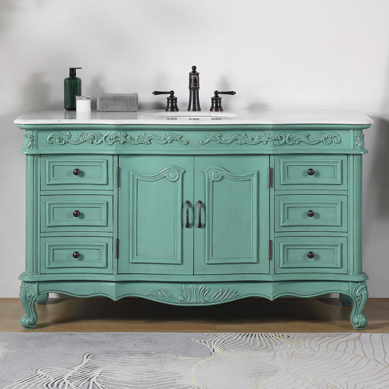 Silkroad Exclusive V0299NW60C 60" Vintage Green single sink vanity, Carrara top, installed in a bathroom, front view