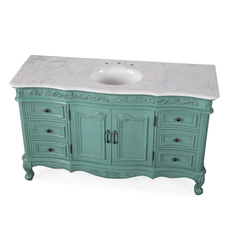 Silkroad Exclusive V0299NW60C 60" Vintage Green single sink vanity, Carrara top, three-quarter view on white