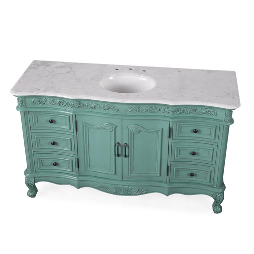 Silkroad Exclusive V0299NW60C 60" Vintage Green single sink vanity, Carrara top, three-quarter view on white
