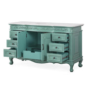 Silkroad Exclusive V0299NW60C 60" Vintage Green single sink vanity, three-quarter view with doors and drawers open, on white