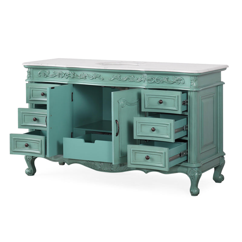 Silkroad Exclusive V0299NW60C 60" Vintage Green single sink vanity, three-quarter view with doors and drawers open, on white
