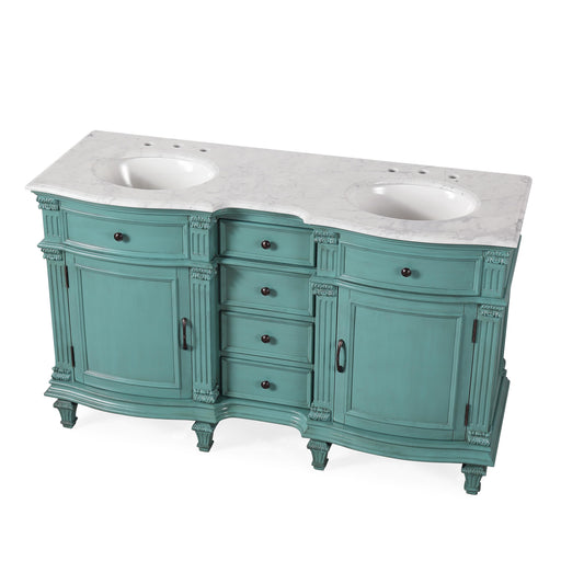 Silkroad Exclusive V0313NW60D 60" Retro Green double vanity, three-quarter view on white