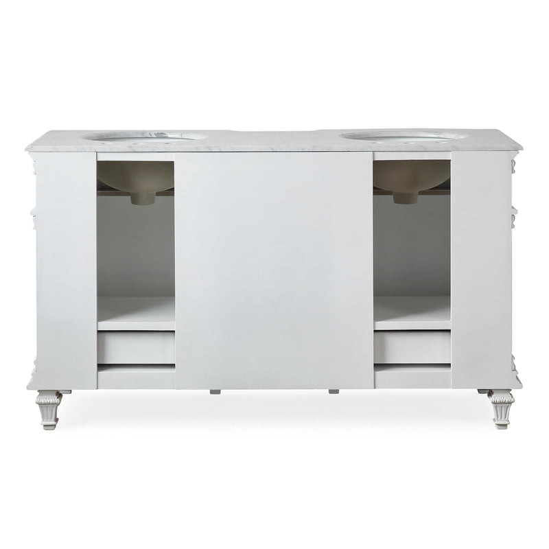 Silkroad Exclusive V0313WW60D 60" Antique White double sink vanity, back view showing the open plumbing cut-out