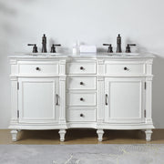 Silkroad Exclusive V0313WW60D 60" Antique White double sink vanity, front view in a bathroom
