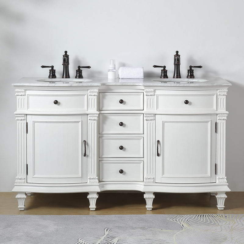 Silkroad Exclusive V0313WW60D 60" Antique White double sink vanity, front view in a bathroom