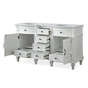 Silkroad Exclusive V0313WW60D 60" Antique White double sink vanity, with doors and drawers open showing storage