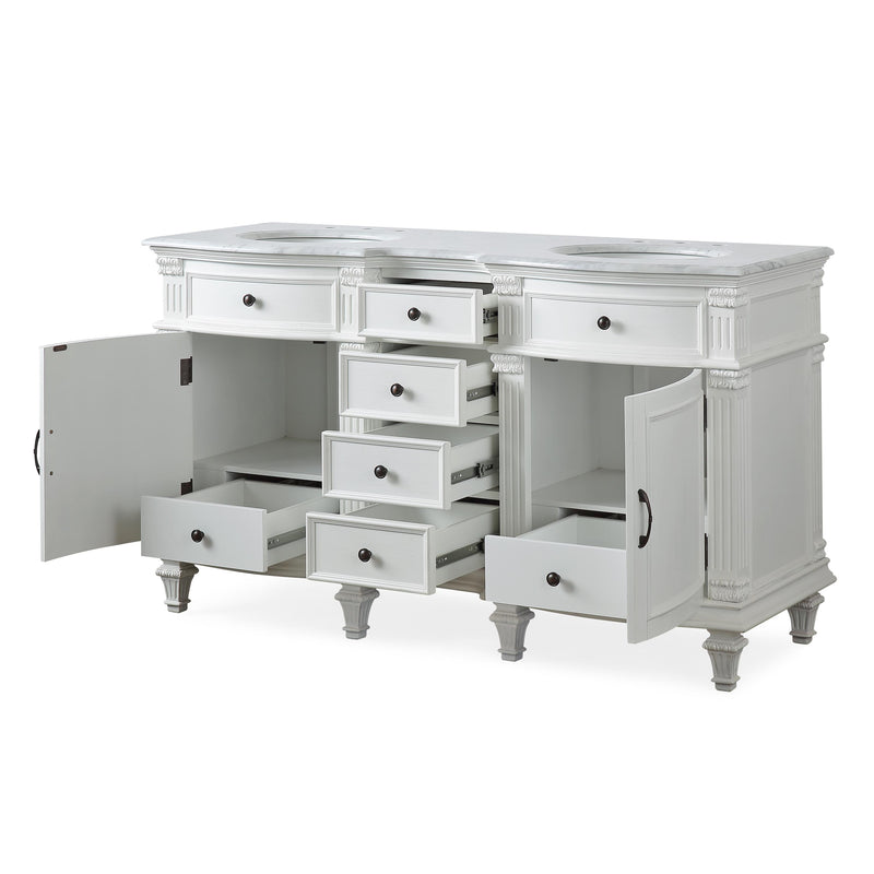 Silkroad Exclusive V0313WW60D 60" Antique White double sink vanity, with doors and drawers open showing storage