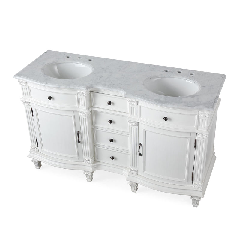 Silkroad Exclusive V0313WW60D 60" Antique White double sink vanity, three-quarter view, on white