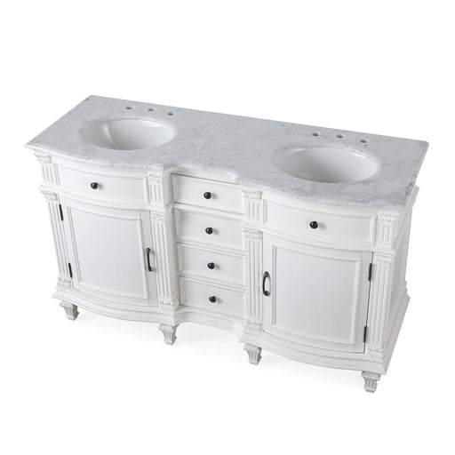 Silkroad Exclusive V0313WW60D 60" Antique White double sink vanity, three-quarter view, on white