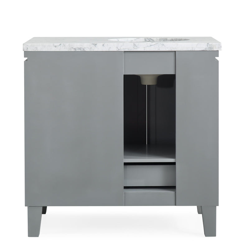 Silkroad Exclusive V0320GW36L 36" Gray single sink vanity, back view showing the open plumbing cut-out