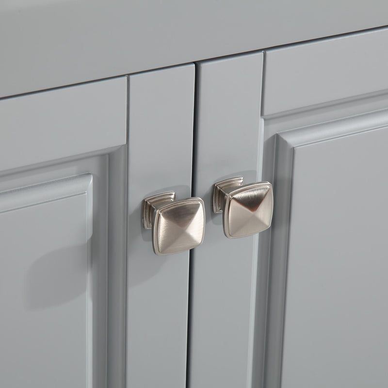 Silkroad Exclusive V0320GW36L 36" Gray single sink vanity, close-up of the door and drawer hardware