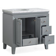 Silkroad Exclusive V0320GW36L 36" Gray single sink vanity, with doors and drawers open showing storage