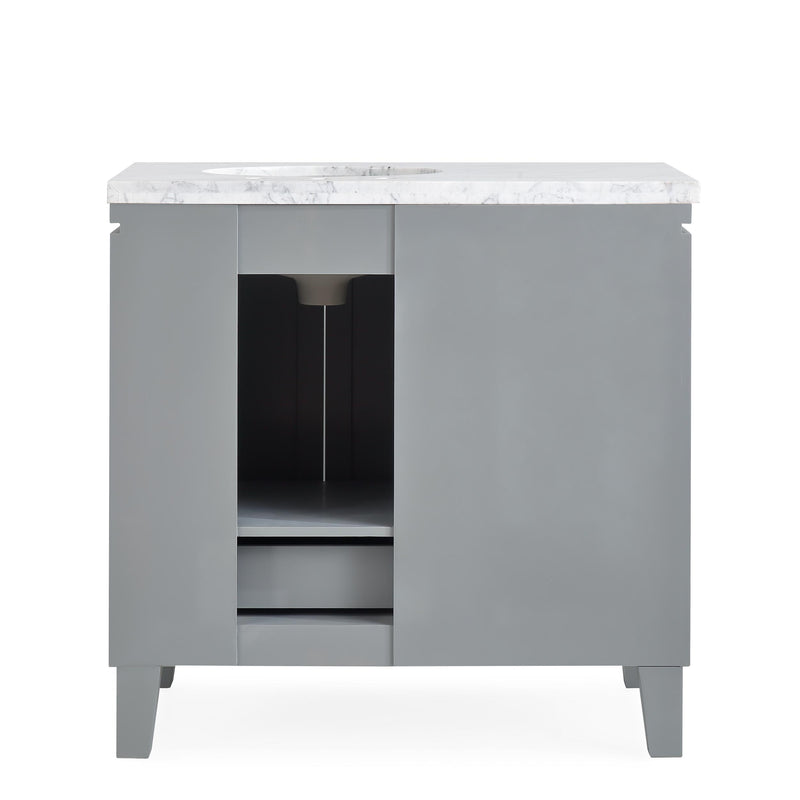 Silkroad Exclusive V0320GW36R 36" Gray single sink vanity, back view showing the open plumbing cut-out
