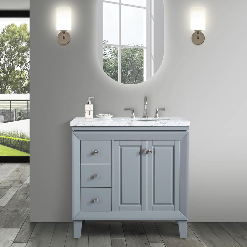 Silkroad Exclusive V0320GW36R 36" Gray single sink vanity, front view in a bathroom