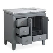 Silkroad Exclusive V0320GW36R 36" Gray single sink vanity, with doors and drawers open showing storage