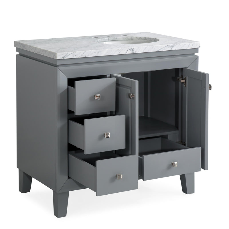 Silkroad Exclusive V0320GW36R 36" Gray single sink vanity, with doors and drawers open showing storage