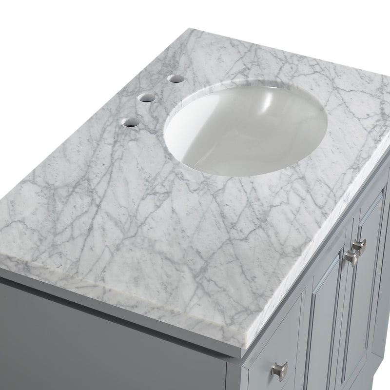 Silkroad Exclusive V0320GW36R 36" Gray single sink vanity, close-up of the undermount sink in the stone top