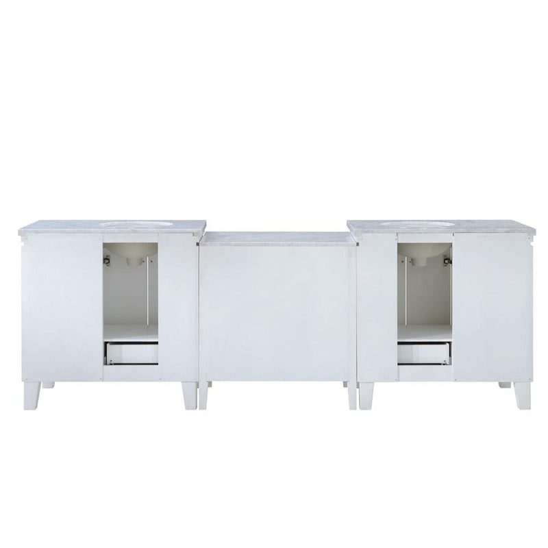 Silkroad Exclusive V0320WW103D 103" White double sink vanity, back view showing the open plumbing cut-out