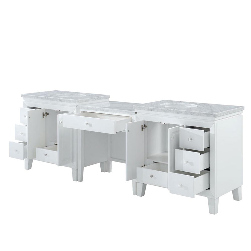Silkroad Exclusive V0320WW103D 103" White double sink vanity, with doors and drawers open showing storage