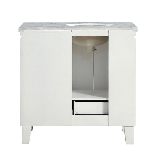 Silkroad Exclusive V0320WW36L 36" White single sink vanity, back view showing the open plumbing cut-out