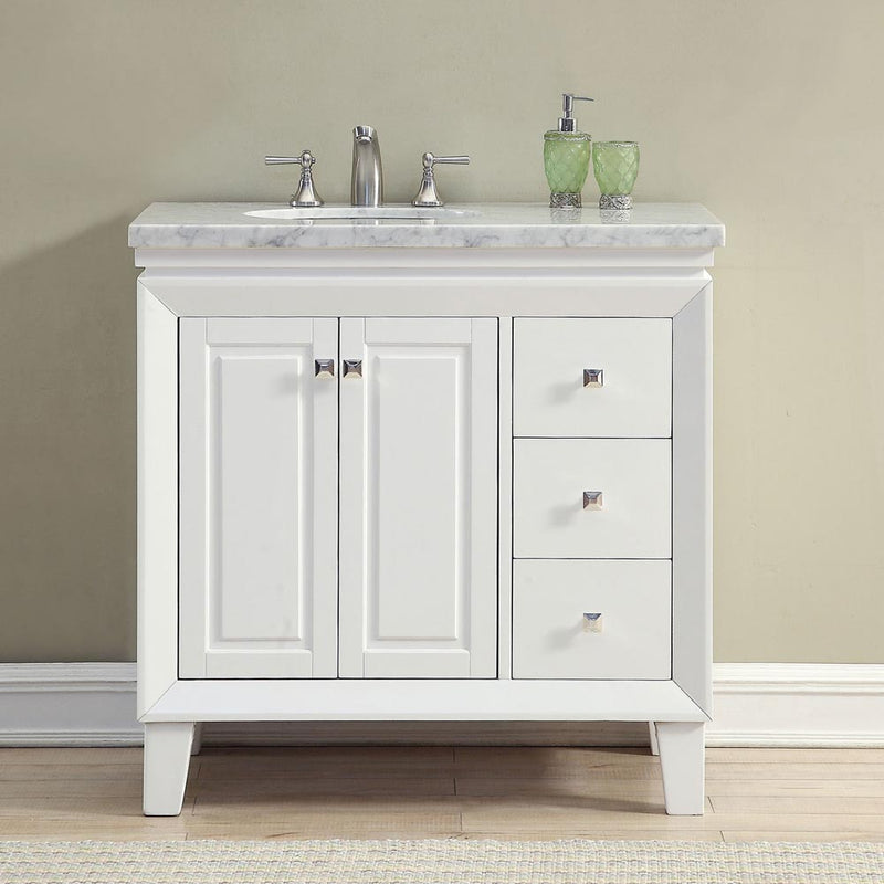 Silkroad Exclusive V0320WW36L 36" White single sink vanity, front view in a bathroom