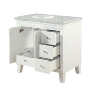 Silkroad Exclusive V0320WW36L 36" White single sink vanity, with doors and drawers open showing storage
