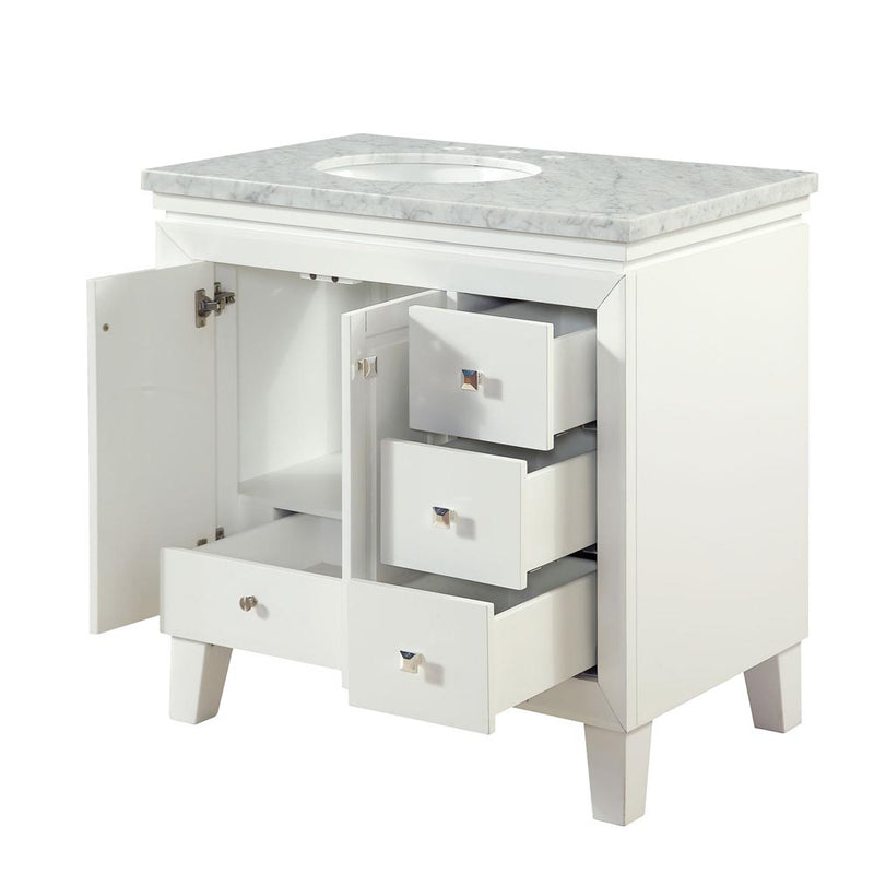 Silkroad Exclusive V0320WW36L 36" White single sink vanity, with doors and drawers open showing storage