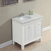 Silkroad Exclusive V0320WW36L 36" White single sink vanity, three-quarter view in a bathroom