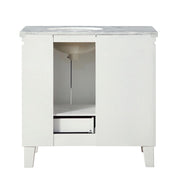 Silkroad Exclusive V0320WW36R 36" White single sink vanity, back view showing the open plumbing cut-out