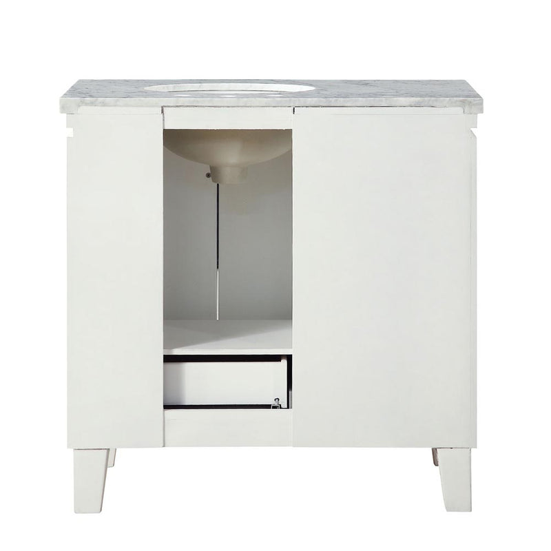 Silkroad Exclusive V0320WW36R 36" White single sink vanity, back view showing the open plumbing cut-out